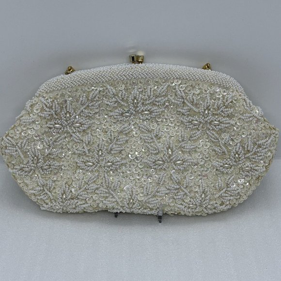 Vintage Beaded Purse Kiss Lock Bags by Debbie Cream White Shimmer Gold 9.5x5.5” - Picture 2 of 16